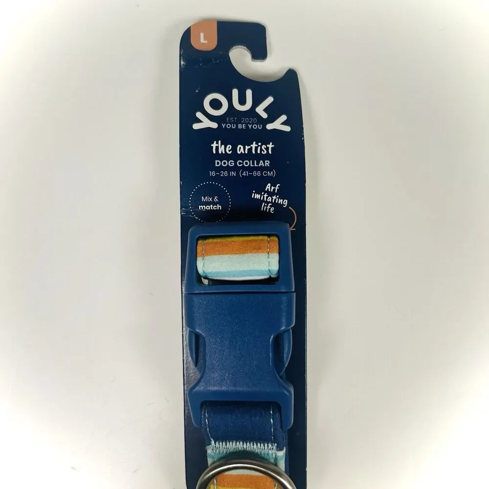 YOULY The Artist Blue/Orange Stripe Dog Collar, Large. By Youly 16-21 NWT